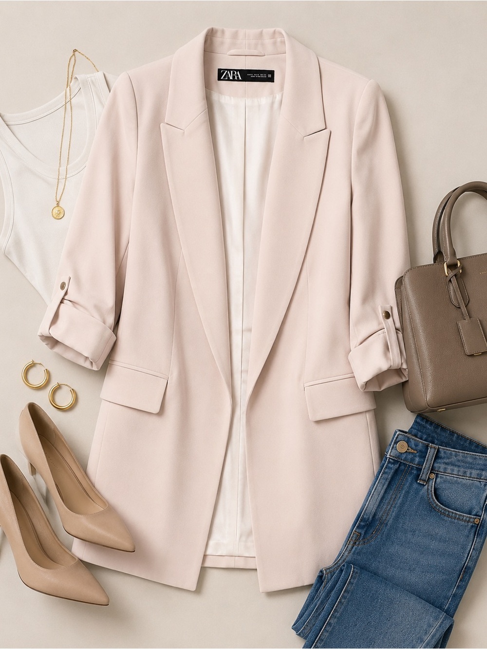 NWT Zara XL Light Cream Open Front Blazer Shoulder Pad Jacket